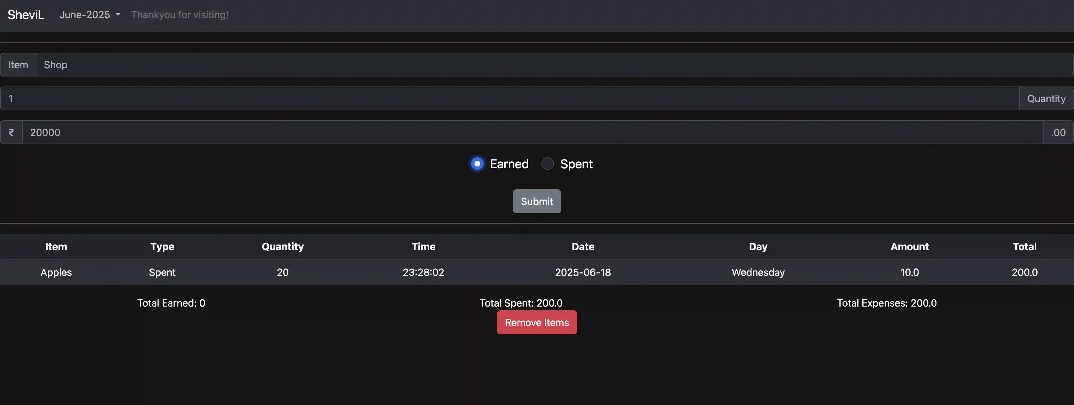 Screenshot of Expenses Tracker